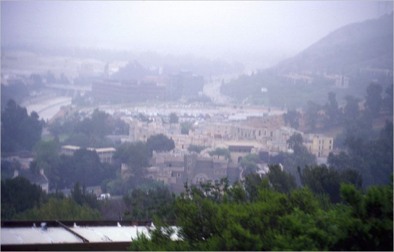 On the tram at Universal Studios overlooking movie sets